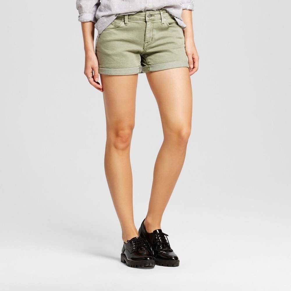MOSSIMO CUFFED SHORTS army green denim size 2/26R super stretch mid-rise euc​​